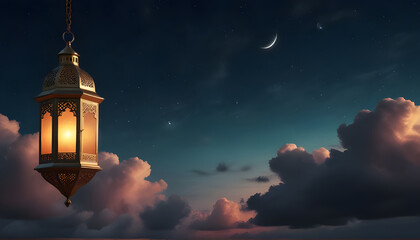 A mesmerizing sky background with a 3D rendering of Ramadan lanterns. Generative AI