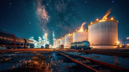 Oil storage depot under starry night sky - Powered by Adobe