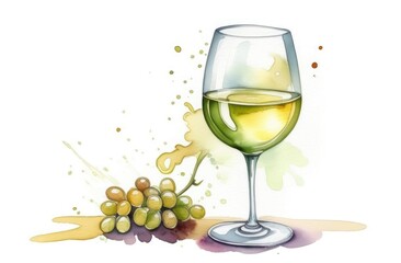 Composition glass with white wine with cheese and bunch of grapes. Hand drawn watercolor illustration.