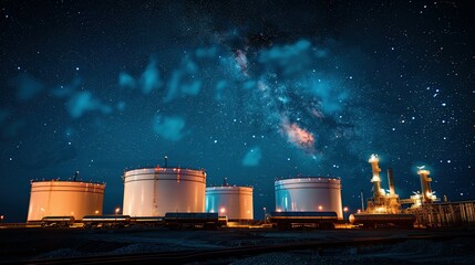 Oil storage depot under starry night sky