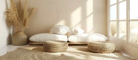 photo White pillows and woven pouf on the floor near the wall