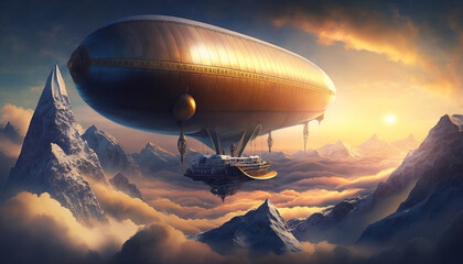 Steam-powered airship and mountains. mystical fantasy artwork