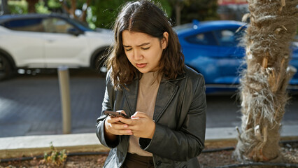 A young hispanic woman focused on her smartphone while standing on an urban street.