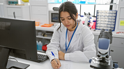 Young hispanic female scientist writing on a document in a well-equipped laboratory indoor setting.