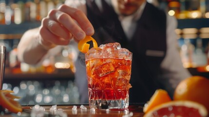 bartender squeezing a piece of orange peel and garnishing negroni cocktail at the bar close-up
