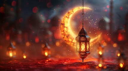 Ramadan kareem vector design with lanterns or fanoos hanging on a yellow crescent moon on a red background
