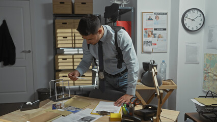 A young hispanic detective in a busy police station meticulously examines evidence at his desk