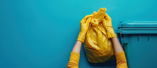 profile Gloved woman's hand pulling a full trash bag from a trash can