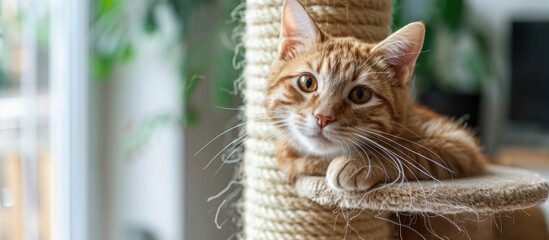 photo of a cute orange cat sitting on a house pole