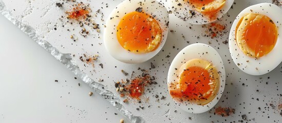 photo of soft boiled egg slices on an isolated white background
