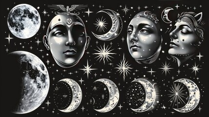 zodiac signs Vector illustration of collection of different moon phases in vintage engraving style