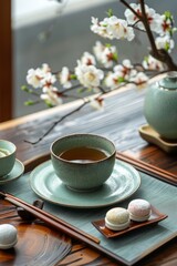 A serene and traditional Japanese tea setting, showcasing a ceramic cup of tea accompanied by mochi on a wooden tray, set against a backdrop of blooming white flowers.