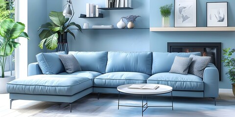 Scandinavian living room with pastel blue corner sofa and fireplace wall shelves. Concept Scandinavian Interior Design, Pastel Blue Sofa, Fireplace Wall Shelves