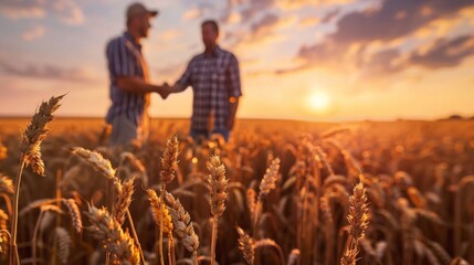 Two farmers in wheat field making agreement with handshake at sunset.