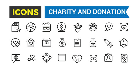 Charity And Donation Icon Set, Set Of Charity Line Icons, Simple Pictograms Pack, Stroke Vector Illustration