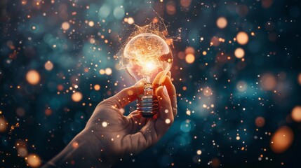 Fototapeta premium A hand holding a light bulb in a blurry, glowing light