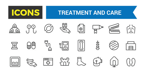 Treatment and Care Icon, Emergency, Pharmacology And More, Thin Line Icons Set, Vector Illustration