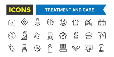Treatment and Care Icon, Emergency, Pharmacology And More, Thin Line Icons Set, Vector Illustration