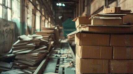 Obraz premium This image vividly depicts the dynamic environment of an automated warehouse with packages efficiently moving along a conveyor system, capturing the essence of modern industrial logistics