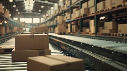 This image vividly depicts the dynamic environment of an automated warehouse with packages efficiently moving along a conveyor system, capturing the essence of modern industrial logistics