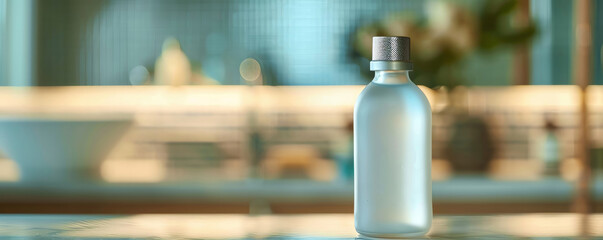A blank frosted glass bottle with a minimalist metallic cap, set against a serene, blurred bathroom backdrop, with gentle soft lighting highlighting the empty label space