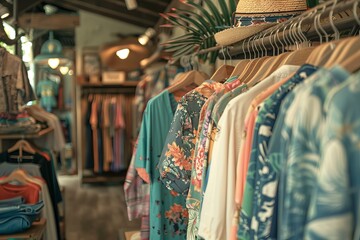 Warm, inviting view inside a boutique showcasing a selection of colorful tropical shirts