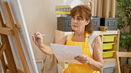 Mature woman painting in art studio wearing apron holding brush and reference photo