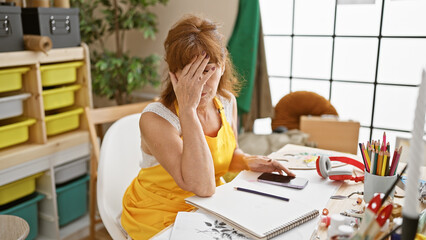 Stressed mature woman with red hair in studio using smartphone amid creative mess