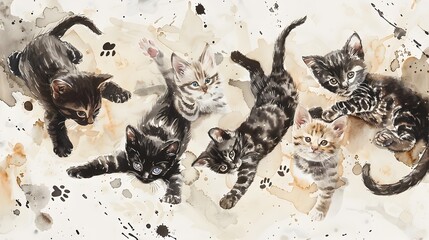 Playful Kittens Frolicking in Watercolor Splattered Scene