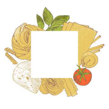 recommend clip art: Pasta sketchy hand drawn illustration, creative food background, border design