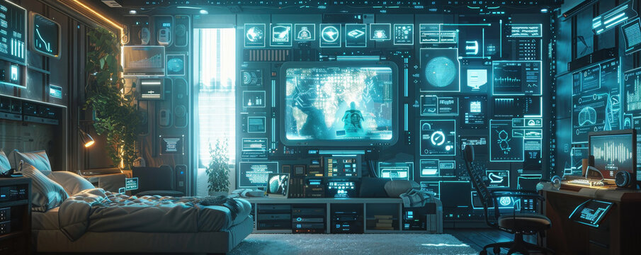 A bedroom with a television and a computer monitor