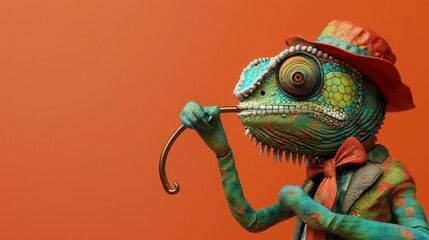 Obraz premium 3D render of a chameleon illusionist isolated on orange backdrop, cartoon style, mascot character, copy space