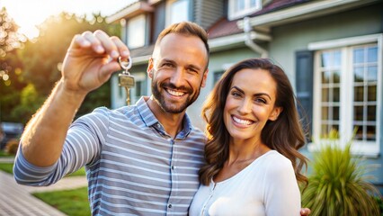 Happy Couple Holding House Keys: An image of a happy couple holding keys to their new home, symbolizing achievement, stability, and dreams coming true.	
