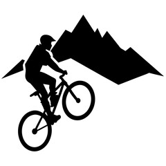 Fototapeta premium Mountain biker, A mountain Rider ride the bike on mountain vector silhouette, win, isolated white background