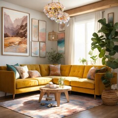a painting of a cozy living room with white walls and natural oak furnishings, bright natural light, vintage. tastefully decorated with quartz crystals and minerals. modern, cute and happy.