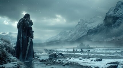 photo of an ancient and mystical Sword set against a dramatic landscape. Mixed media fantasy background