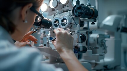 Qualified optician is making optician glasses in the modern clinic