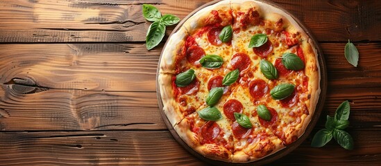 photo of Board with delicious Margarita pizza on isolated wooden background