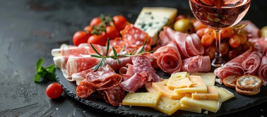 photo of Plate with assorted delicious deli meats, cheese and wine glasses on isolated black background