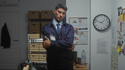 Hispanic detective with arms crossed standing in a cluttered police station office, portraying...