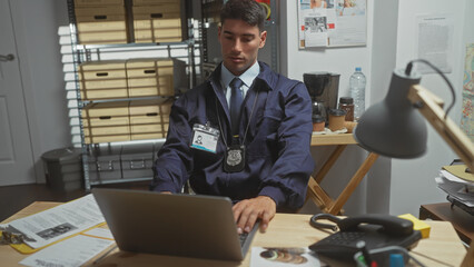 Hispanic detective man working on laptop in a cluttered police office, conveying a sense of investigation.