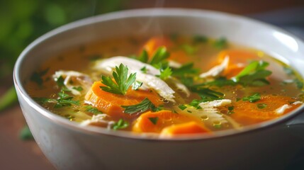 Chicken soup with carrot slices and lots of parsley.