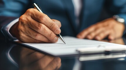 Business man signing a contract. Close up of male hand putting signature, running own small business, have a contract in place to protect it, basics of writing contract.