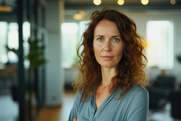 Fototapeta premium Confident businesswoman in her 30s, casual attire, smiling at camera in office setting