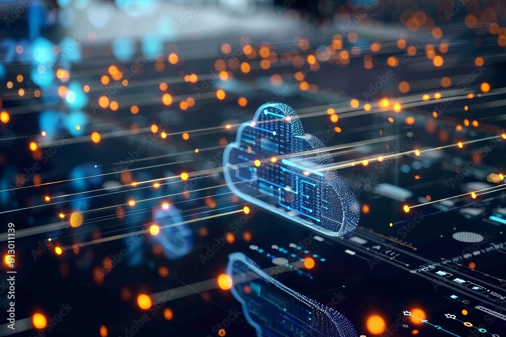 Poster digital illustration of cloud computing with abstract tech elements