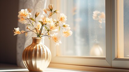 Minimalistic elegance - window sill with a clear vase , sun rays on wall, modern background.