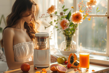 A pretty girl, freshly squeezed juice, a bouquet of flowers and fruits. Creative composition. The concept of a healthy lifestyle.