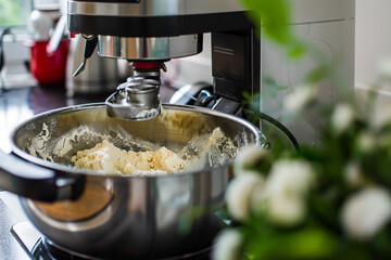 A stainless steel food processor with a large mixing bowl, perfect for dough preparation. - Powered by Adobe