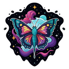 Streetwear illustration where a butterfly's wings are adorned with intricate patterns reminiscent