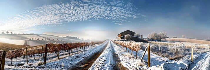 A panorama wallpaper high contrast vineyard in winter, Winter Road Through Snowy Landscape with Mountain and Tree Under White Sky at Sunset